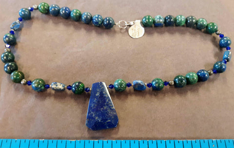 Necklace, beaded lapis, azurite and malachite